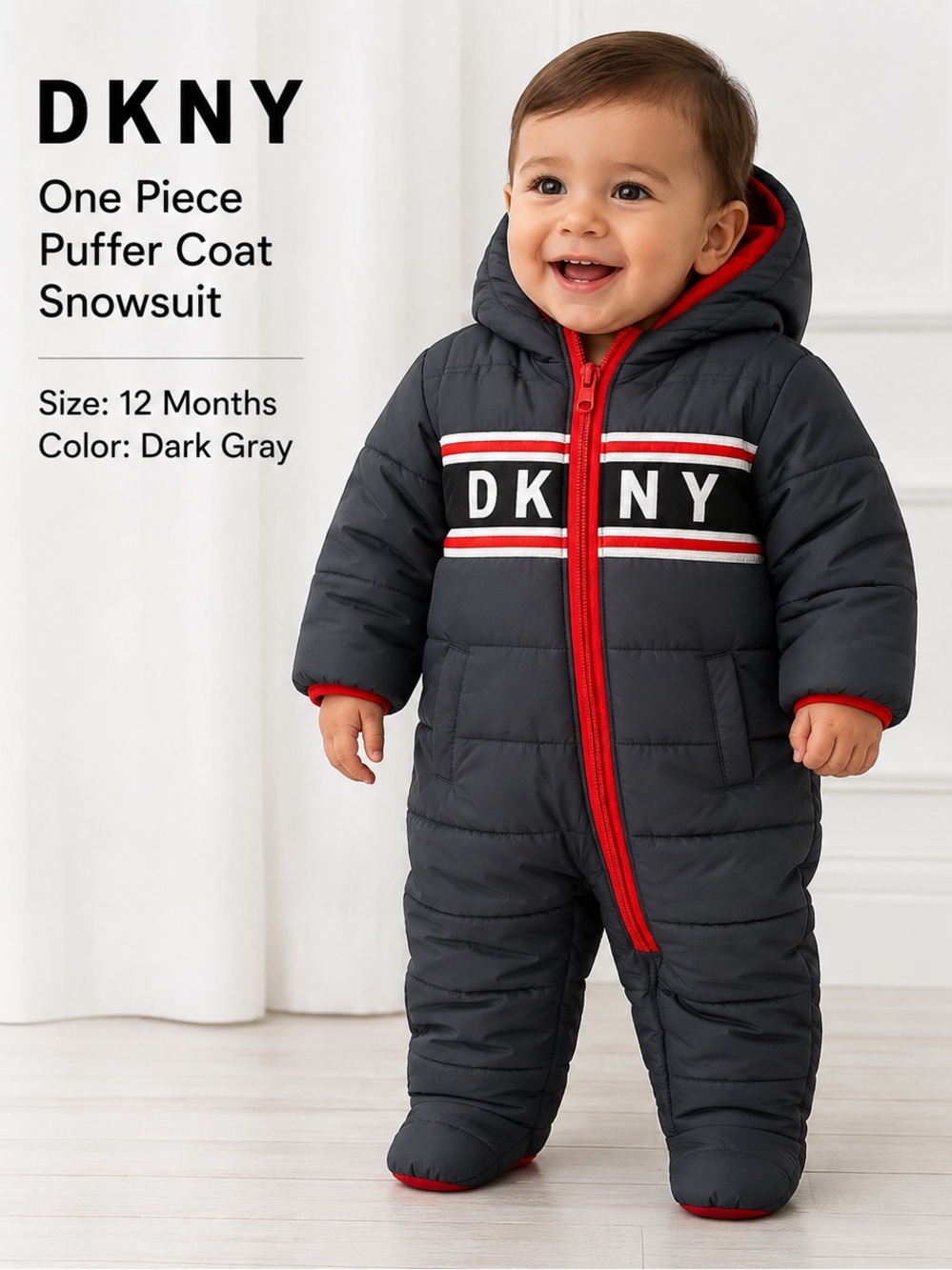 DKNY Kids One Piece puffer coat jacket snowsuit - Dark Gray/size 12months